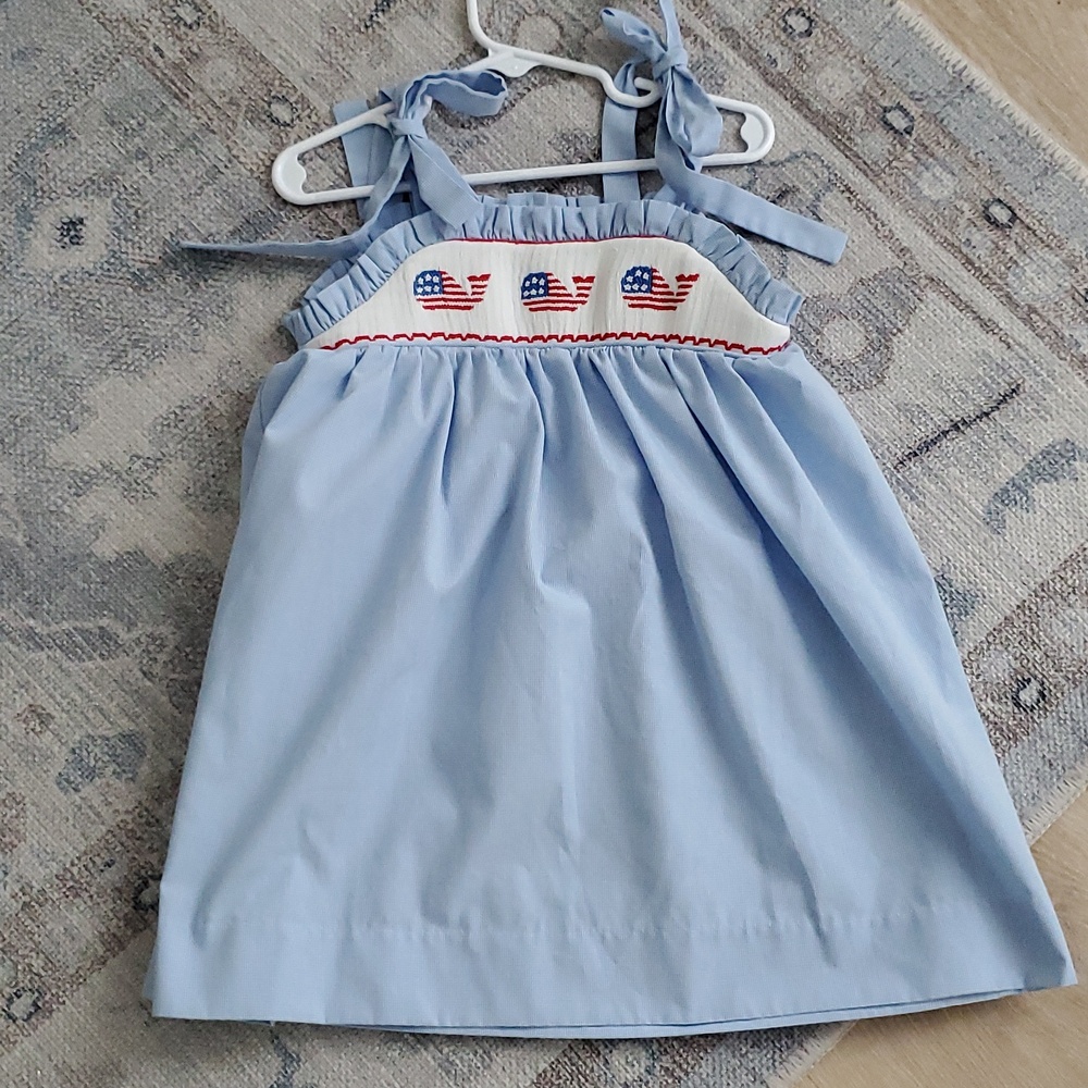 Stitchy Fish Girls Smocked Patriotic American Flag Whales Embroidered Dress Sz3T - Picture 2 of 11
